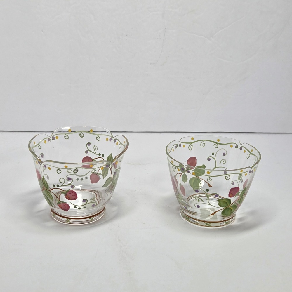 PartyLite Summer Strawberries Glass Votive Candle Holders Set of 2 Vintage 90s